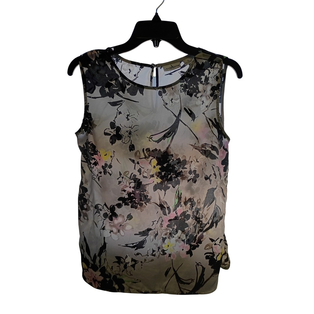 Liz Claiborne Womens Floral Sleeveless Blouse Black Pink Size M Keyhole Back